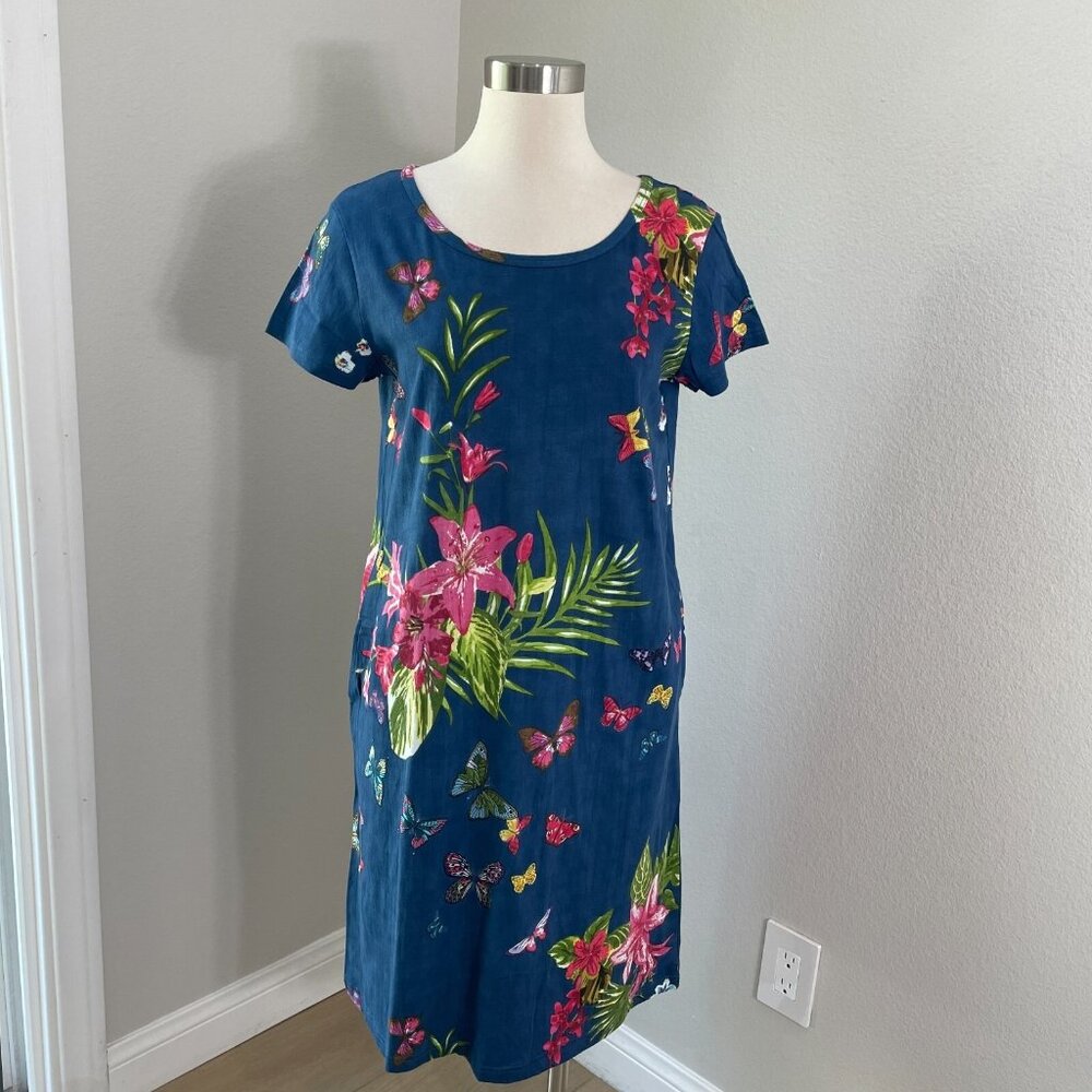 Vintage Take Two Womens Small Blue Butterfly Floral Shift Dress Short Sleeve